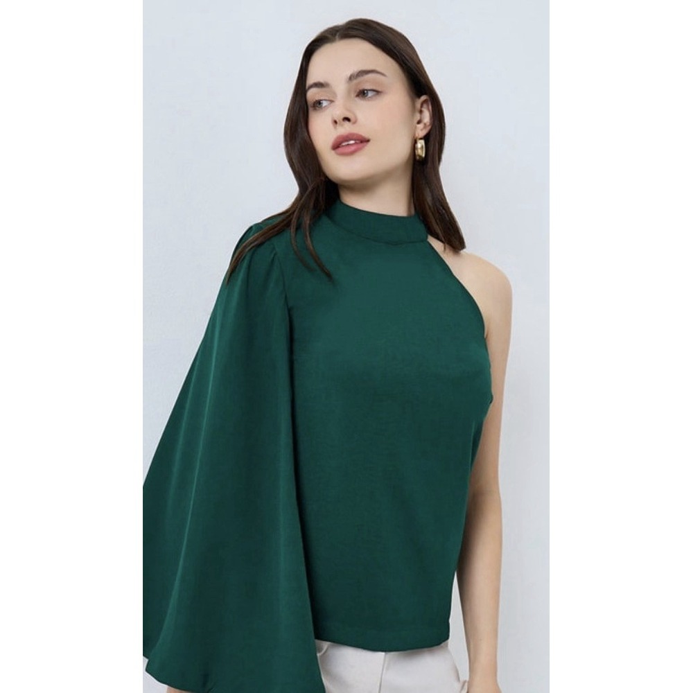 New! Zara Asymmetric Mock Neck Top Blouse Green One Shoulder Cape Small